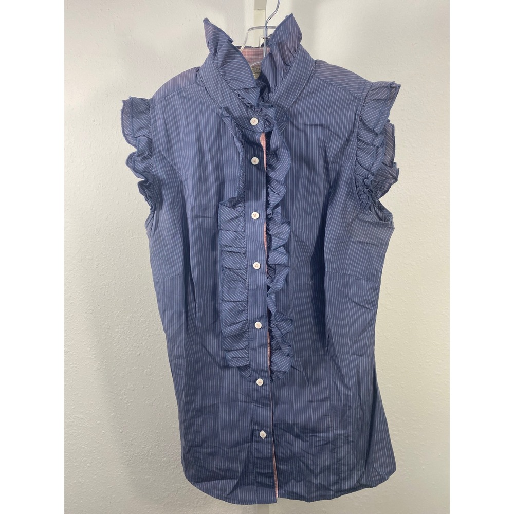 Jessica City Favorites Ruffle Pinstripe Sleeveless Button Down Shirt Navy 38